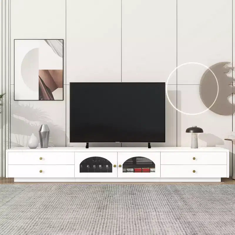 Meuble TV pour téléviseur de 95 pouces, console média extra-longue avec 2 portes et 4 tiroirs, grand meuble de rangement TV avec portes en verre cannelé