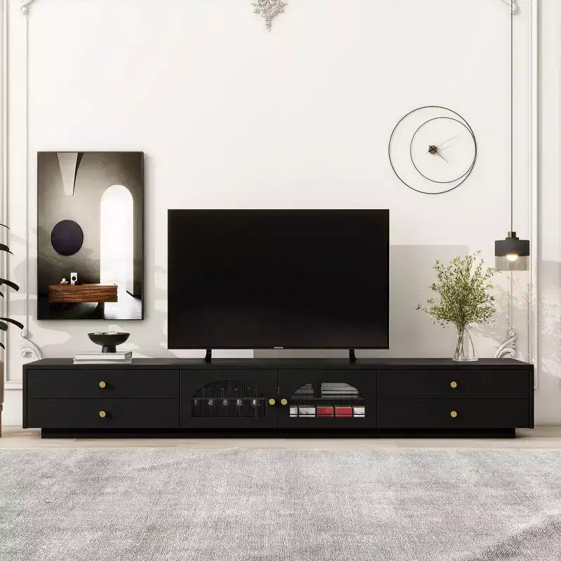 Meuble TV pour téléviseur de 95 pouces, console média extra-longue avec 2 portes et 4 tiroirs, grand meuble de rangement TV avec portes en verre cannelé