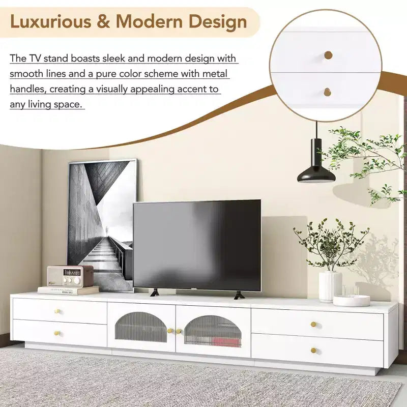 Meuble TV pour téléviseur de 95 pouces, console média extra-longue avec 2 portes et 4 tiroirs, grand meuble de rangement TV avec portes en verre cannelé