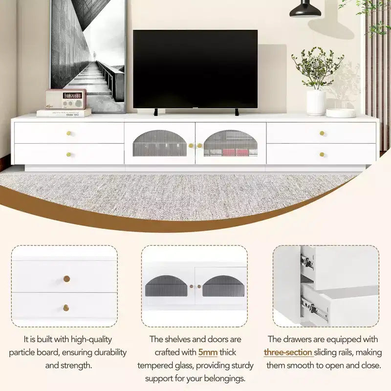 Meuble TV pour téléviseur de 95 pouces, console média extra-longue avec 2 portes et 4 tiroirs, grand meuble de rangement TV avec portes en verre cannelé