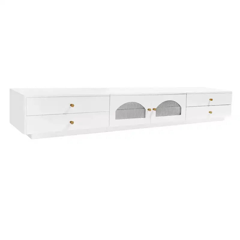 Meuble TV pour téléviseur de 95 pouces, console média extra-longue avec 2 portes et 4 tiroirs, grand meuble de rangement TV avec portes en verre cannelé