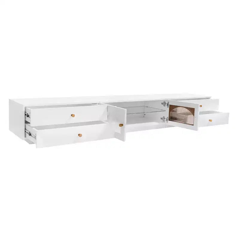 Meuble TV pour téléviseur de 95 pouces, console média extra-longue avec 2 portes et 4 tiroirs, grand meuble de rangement TV avec portes en verre cannelé