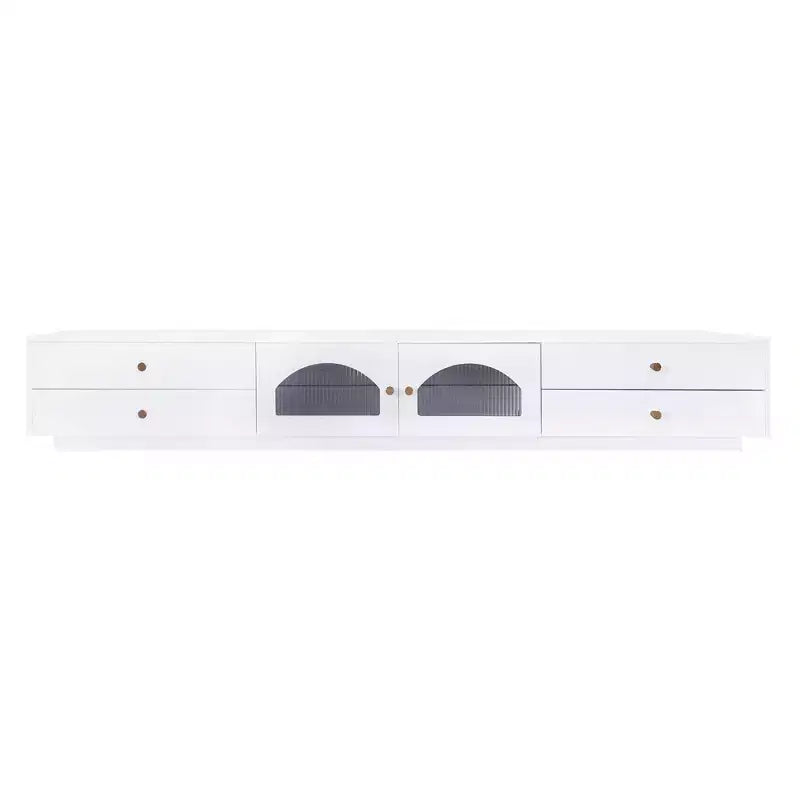 Meuble TV pour téléviseur de 95 pouces, console média extra-longue avec 2 portes et 4 tiroirs, grand meuble de rangement TV avec portes en verre cannelé