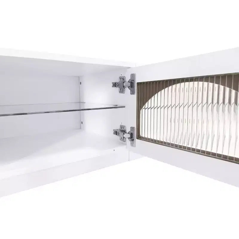 Meuble TV pour téléviseur de 95 pouces, console média extra-longue avec 2 portes et 4 tiroirs, grand meuble de rangement TV avec portes en verre cannelé