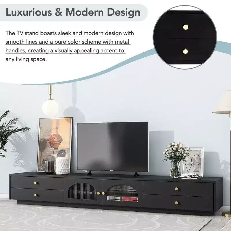 Meuble TV pour téléviseur de 95 pouces, console média extra-longue avec 2 portes et 4 tiroirs, grand meuble de rangement TV avec portes en verre cannelé