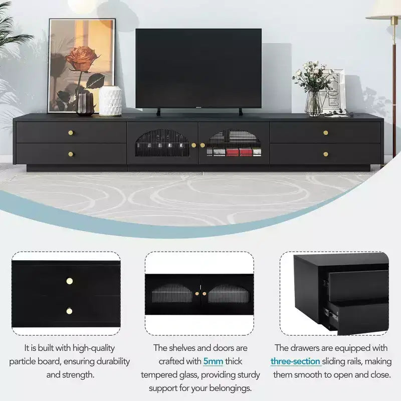 Meuble TV pour téléviseur de 95 pouces, console média extra-longue avec 2 portes et 4 tiroirs, grand meuble de rangement TV avec portes en verre cannelé