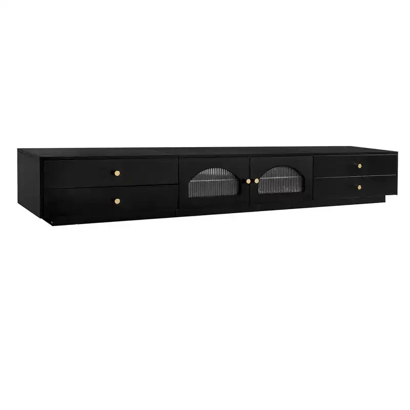 Meuble TV pour téléviseur de 95 pouces, console média extra-longue avec 2 portes et 4 tiroirs, grand meuble de rangement TV avec portes en verre cannelé