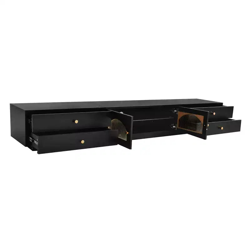Meuble TV pour téléviseur de 95 pouces, console média extra-longue avec 2 portes et 4 tiroirs, grand meuble de rangement TV avec portes en verre cannelé