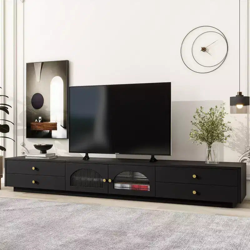 TV Stand for 95 TV, Extra Long Media Console with 2 Doors & 4 Drawers, Large TV Storage Cabinet Entertainment Center with Fluted Glass Doors