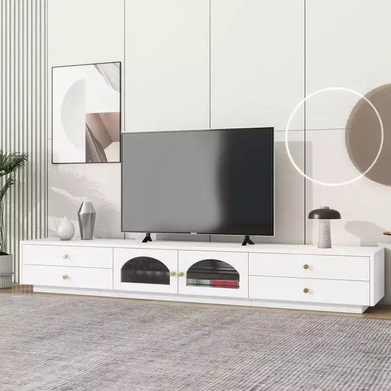 Meuble TV pour téléviseur de 95 pouces, console média extra-longue avec 2 portes et 4 tiroirs, grand meuble de rangement TV avec portes en verre cannelé