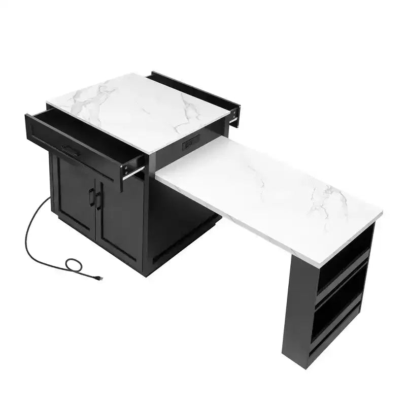 Îlot de cuisine avec table à manger extensible pour 4 à 6 personnes, table de cuisine en faux marbre avec prise de courant, îlot de cuisine avec tiroirs de rangement