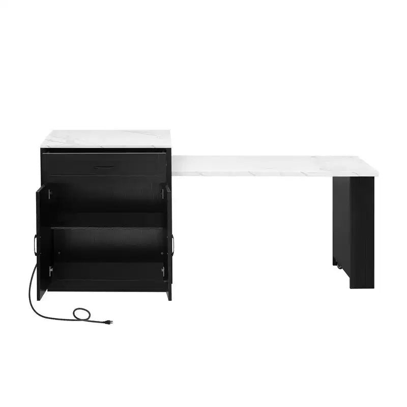 Îlot de cuisine avec table à manger extensible pour 4 à 6 personnes, table de cuisine en faux marbre avec prise de courant, îlot de cuisine avec tiroirs de rangement