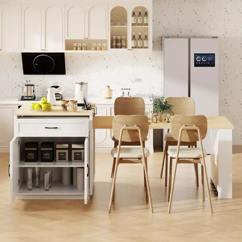 Îlot de cuisine avec table à manger extensible pour 4 à 6 personnes, table de cuisine en faux marbre avec prise de courant, îlot de cuisine avec tiroirs de rangement