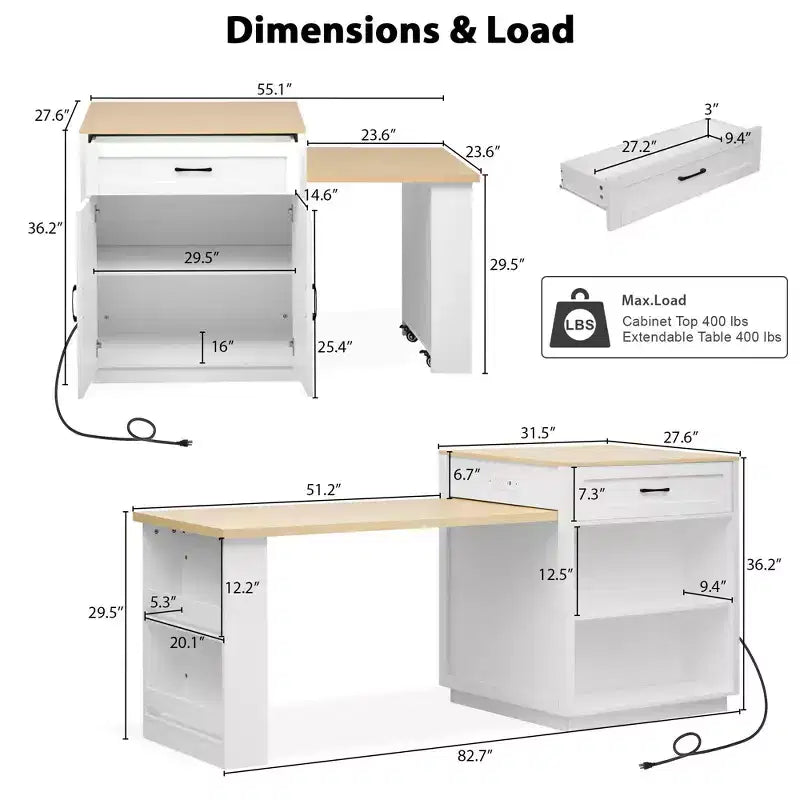 Îlot de cuisine avec table à manger extensible pour 4 à 6 personnes, table de cuisine en faux marbre avec prise de courant, îlot de cuisine avec tiroirs de rangement