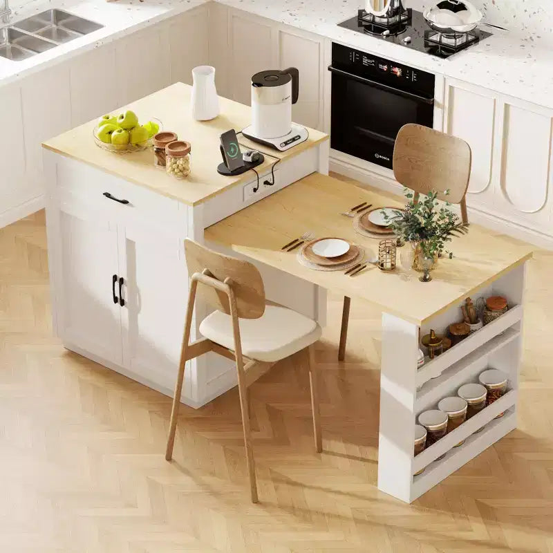 Îlot de cuisine avec table à manger extensible pour 4 à 6 personnes, table de cuisine en faux marbre avec prise de courant, îlot de cuisine avec tiroirs de rangement