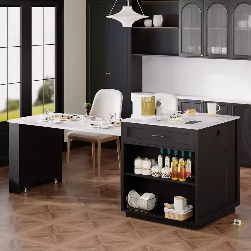 Îlot de cuisine avec table à manger extensible pour 4 à 6 personnes, table de cuisine en faux marbre avec prise de courant, îlot de cuisine avec tiroirs de rangement