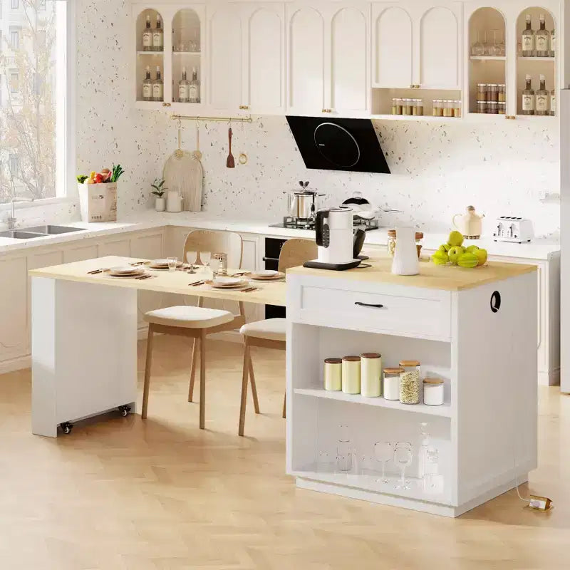 Îlot de cuisine avec table à manger extensible pour 4 à 6 personnes, table de cuisine en faux marbre avec prise de courant, îlot de cuisine avec tiroirs de rangement