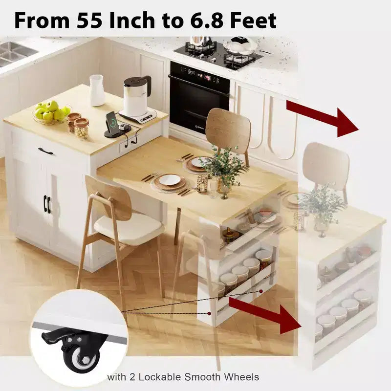 Îlot de cuisine avec table à manger extensible pour 4 à 6 personnes, table de cuisine en faux marbre avec prise de courant, îlot de cuisine avec tiroirs de rangement