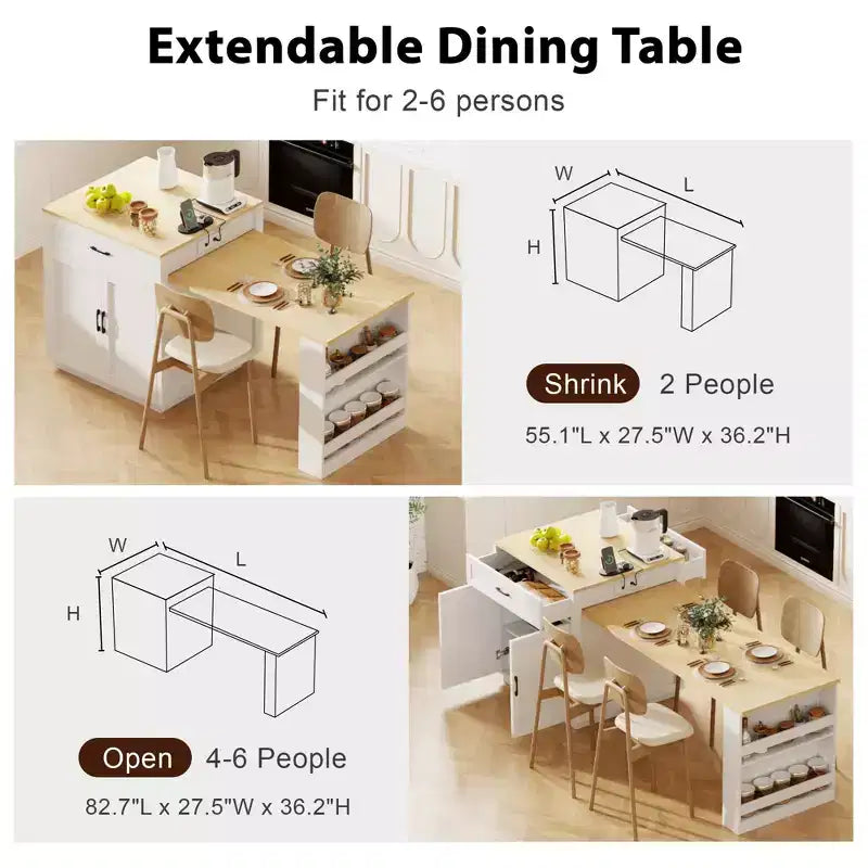 Îlot de cuisine avec table à manger extensible pour 4 à 6 personnes, table de cuisine en faux marbre avec prise de courant, îlot de cuisine avec tiroirs de rangement