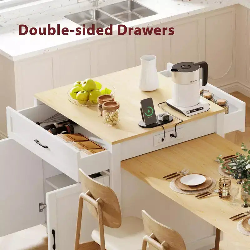 Îlot de cuisine avec table à manger extensible pour 4 à 6 personnes, table de cuisine en faux marbre avec prise de courant, îlot de cuisine avec tiroirs de rangement