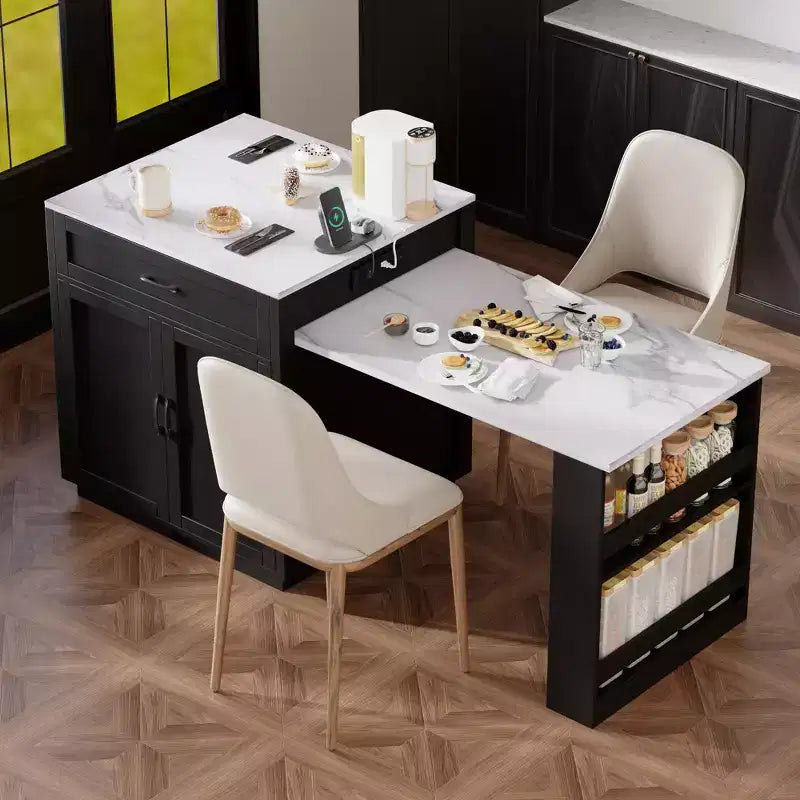 Îlot de cuisine avec table à manger extensible pour 4 à 6 personnes, table de cuisine en faux marbre avec prise de courant, îlot de cuisine avec tiroirs de rangement