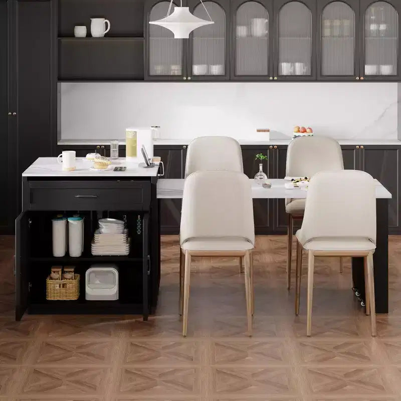 Îlot de cuisine avec table à manger extensible pour 4 à 6 personnes, table de cuisine en faux marbre avec prise de courant, îlot de cuisine avec tiroirs de rangement