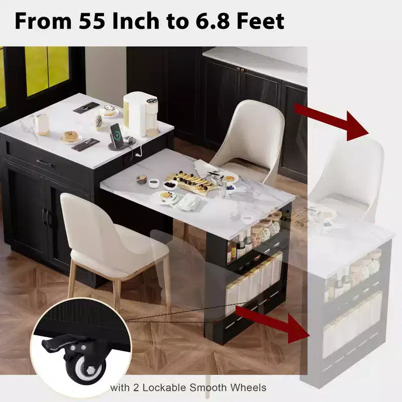 Îlot de cuisine avec table à manger extensible pour 4 à 6 personnes, table de cuisine en faux marbre avec prise de courant, îlot de cuisine avec tiroirs de rangement