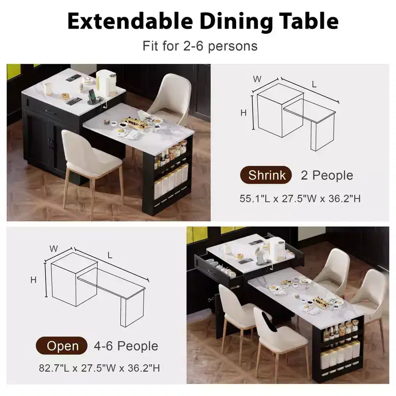 Îlot de cuisine avec table à manger extensible pour 4 à 6 personnes, table de cuisine en faux marbre avec prise de courant, îlot de cuisine avec tiroirs de rangement