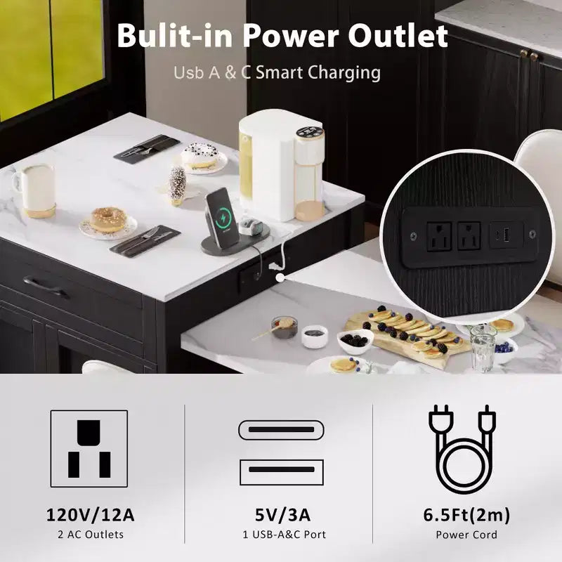 Îlot de cuisine avec table à manger extensible pour 4 à 6 personnes, table de cuisine en faux marbre avec prise de courant, îlot de cuisine avec tiroirs de rangement