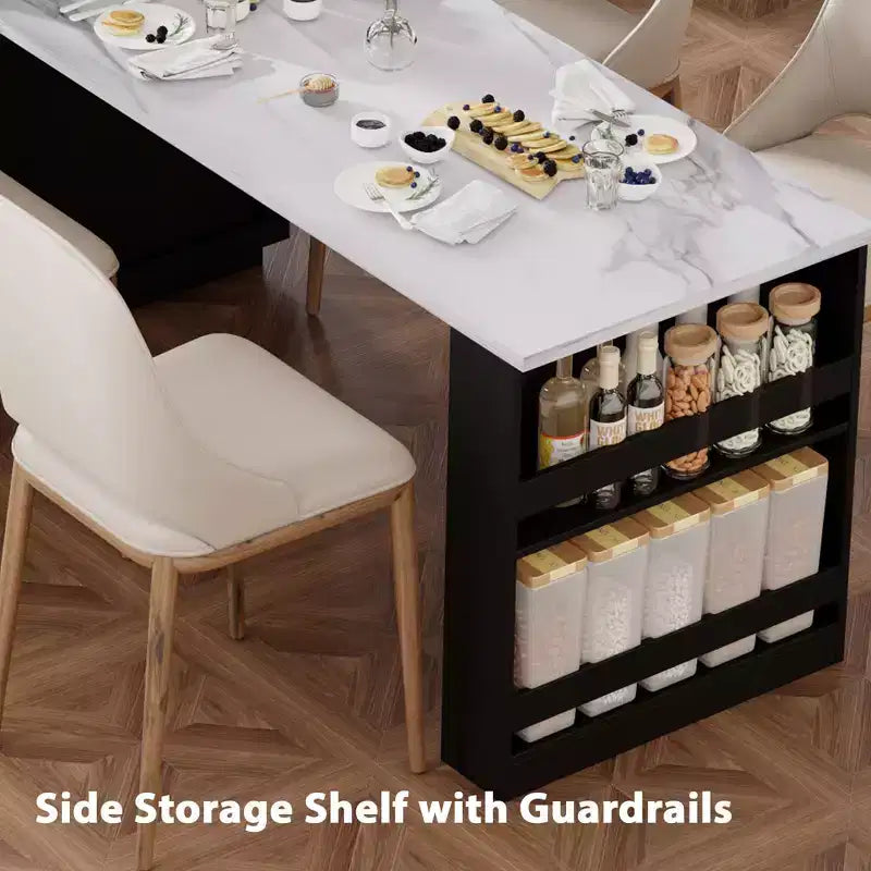 Îlot de cuisine avec table à manger extensible pour 4 à 6 personnes, table de cuisine en faux marbre avec prise de courant, îlot de cuisine avec tiroirs de rangement