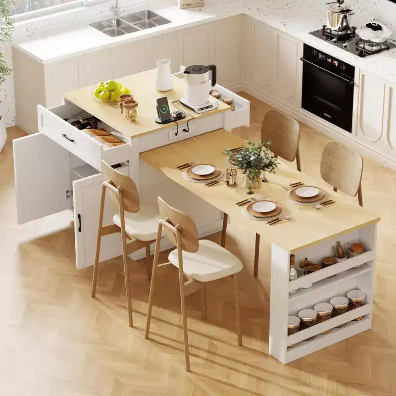 Îlot de cuisine avec table à manger extensible pour 4 à 6 personnes, table de cuisine en faux marbre avec prise de courant, îlot de cuisine avec tiroirs de rangement