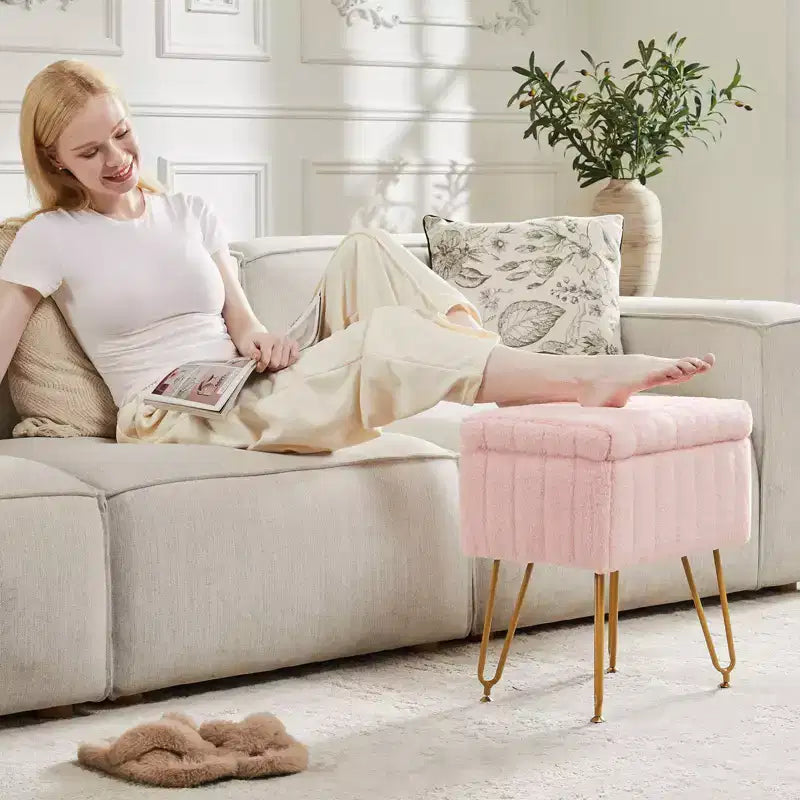 TUYOHW Chic Tabouret de Coiffeuse avec Rangement, Repose-Pieds Ottoman en Fausse Fourrure Peluche 19,8"L, Pieds en Métal et Design Antidérapant, Capacité de 90kg