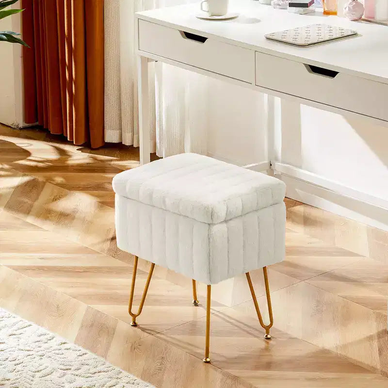TUYOHW Chic Tabouret de Coiffeuse avec Rangement, Repose-Pieds Ottoman en Fausse Fourrure Peluche 19,8"L, Pieds en Métal et Design Antidérapant, Capacité de 90kg