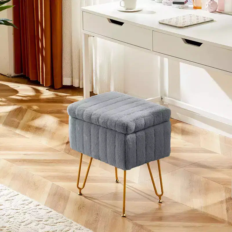 TUYOHW Chic Tabouret de Coiffeuse avec Rangement, Repose-Pieds Ottoman en Fausse Fourrure Peluche 19,8"L, Pieds en Métal et Design Antidérapant, Capacité de 90kg