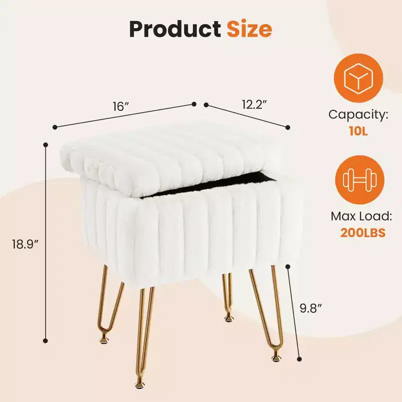 TUYOHW Chic Tabouret de Coiffeuse avec Rangement, Repose-Pieds Ottoman en Fausse Fourrure Peluche 19,8"L, Pieds en Métal et Design Antidérapant, Capacité de 90kg