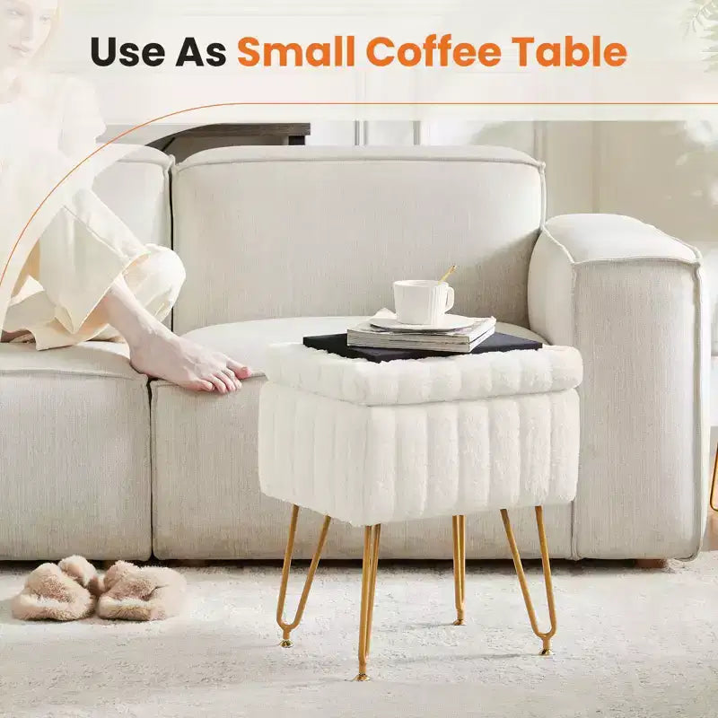 TUYOHW Chic Tabouret de Coiffeuse avec Rangement, Repose-Pieds Ottoman en Fausse Fourrure Peluche 19,8"L, Pieds en Métal et Design Antidérapant, Capacité de 90kg