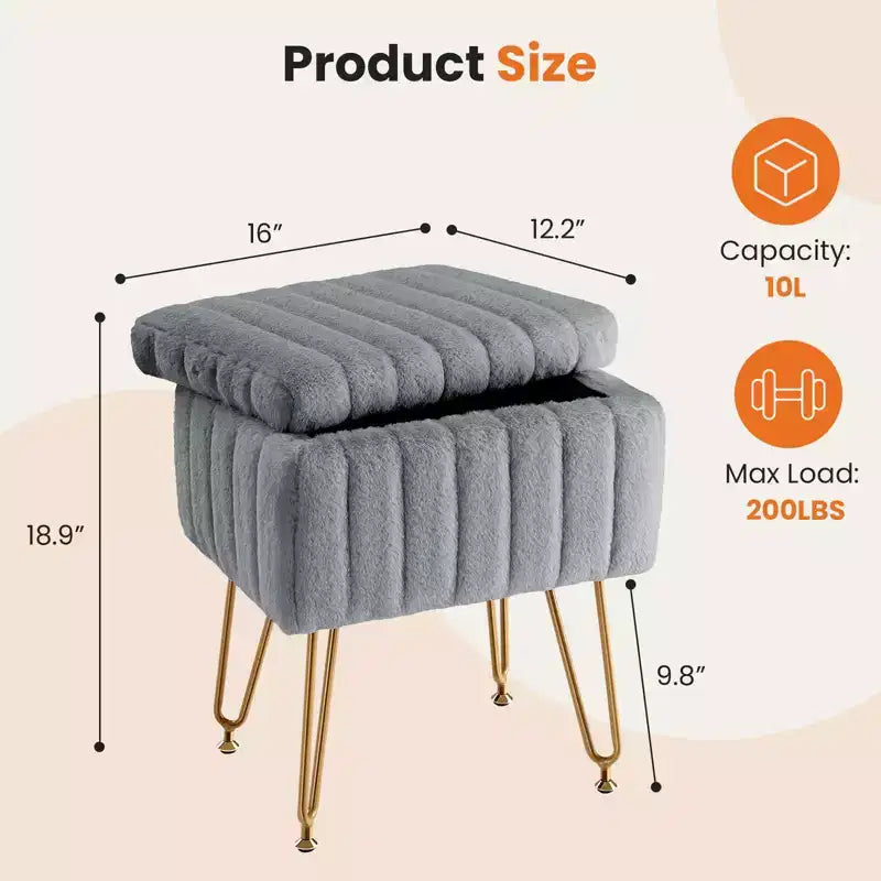 TUYOHW Chic Tabouret de Coiffeuse avec Rangement, Repose-Pieds Ottoman en Fausse Fourrure Peluche 19,8"L, Pieds en Métal et Design Antidérapant, Capacité de 90kg