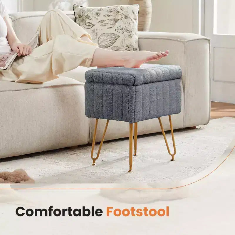 TUYOHW Chic Tabouret de Coiffeuse avec Rangement, Repose-Pieds Ottoman en Fausse Fourrure Peluche 19,8"L, Pieds en Métal et Design Antidérapant, Capacité de 90kg