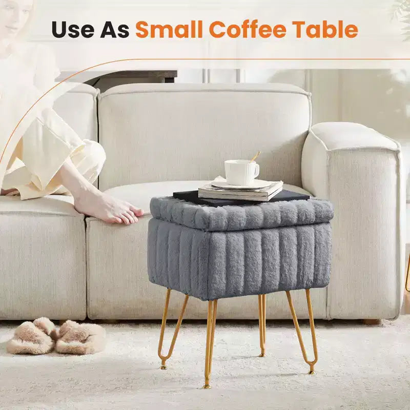 TUYOHW Chic Tabouret de Coiffeuse avec Rangement, Repose-Pieds Ottoman en Fausse Fourrure Peluche 19,8"L, Pieds en Métal et Design Antidérapant, Capacité de 90kg