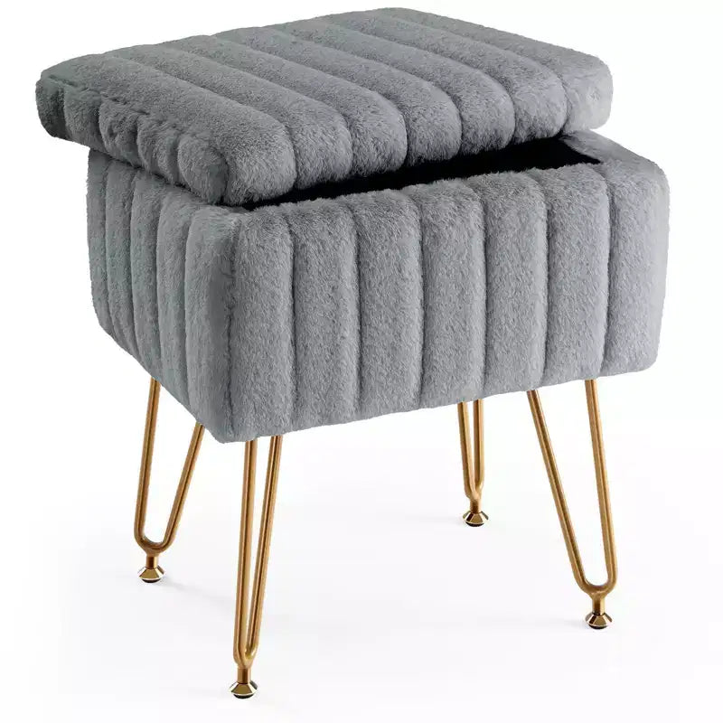 TUYOHW Chic Vanity Stool with Storage,19.8L Plush Faux Fur Footrest Ottoman Makeup Stools,Metal Legs and Anti-Slip Design,200lbs Capcity