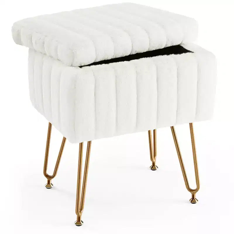TUYOHW Chic Tabouret de Coiffeuse avec Rangement, Repose-Pieds Ottoman en Fausse Fourrure Peluche 19,8"L, Pieds en Métal et Design Antidérapant, Capacité de 90kg