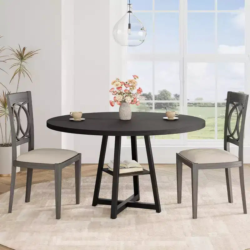 Table à manger ronde de 47 pouces avec étagère de rangement et plateau en bois, table à dîner pour 4 personnes, table de ferme circulaire pour salle à manger/salon, cuisine