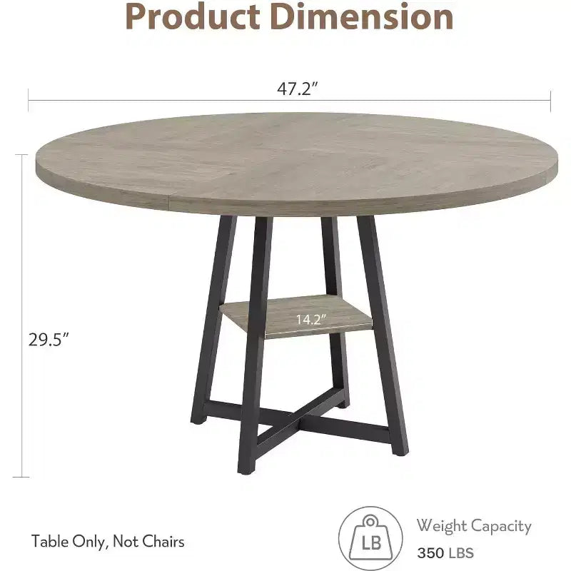 Table à manger ronde de 47 pouces avec étagère de rangement et plateau en bois, table à dîner pour 4 personnes, table de ferme circulaire pour salle à manger/salon, cuisine