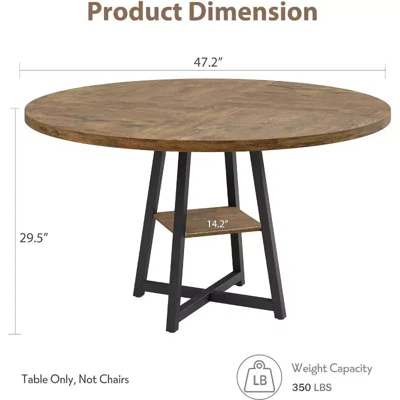 Table à manger ronde de 47 pouces avec étagère de rangement et plateau en bois, table à dîner pour 4 personnes, table de ferme circulaire pour salle à manger/salon, cuisine