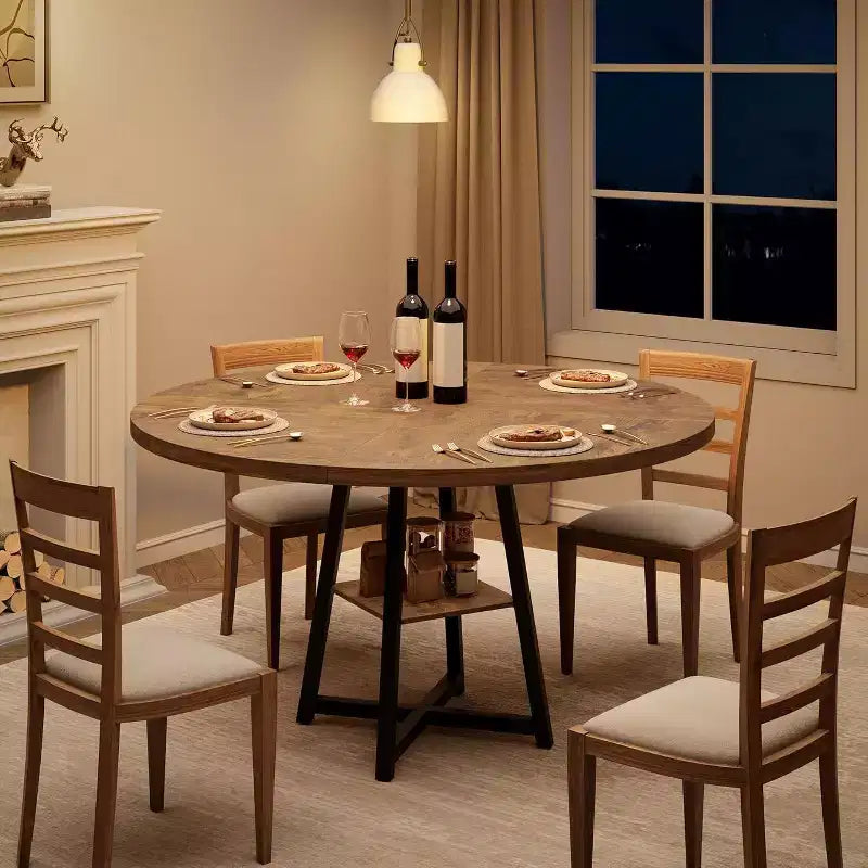 Table à manger ronde de 47 pouces avec étagère de rangement et plateau en bois, table à dîner pour 4 personnes, table de ferme circulaire pour salle à manger/salon, cuisine