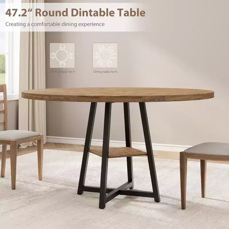Table à manger ronde de 47 pouces avec étagère de rangement et plateau en bois, table à dîner pour 4 personnes, table de ferme circulaire pour salle à manger/salon, cuisine