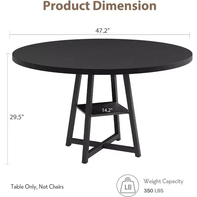 Table à manger ronde de 47 pouces avec étagère de rangement et plateau en bois, table à dîner pour 4 personnes, table de ferme circulaire pour salle à manger/salon, cuisine