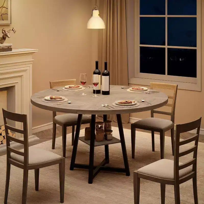 Table à manger ronde de 47 pouces avec étagère de rangement et plateau en bois, table à dîner pour 4 personnes, table de ferme circulaire pour salle à manger/salon, cuisine