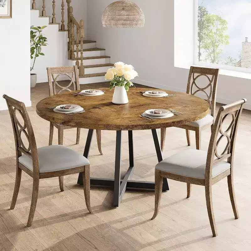 Table à manger ronde de 47 pouces avec étagère de rangement et plateau en bois, table à dîner pour 4 personnes, table de ferme circulaire pour salle à manger/salon, cuisine