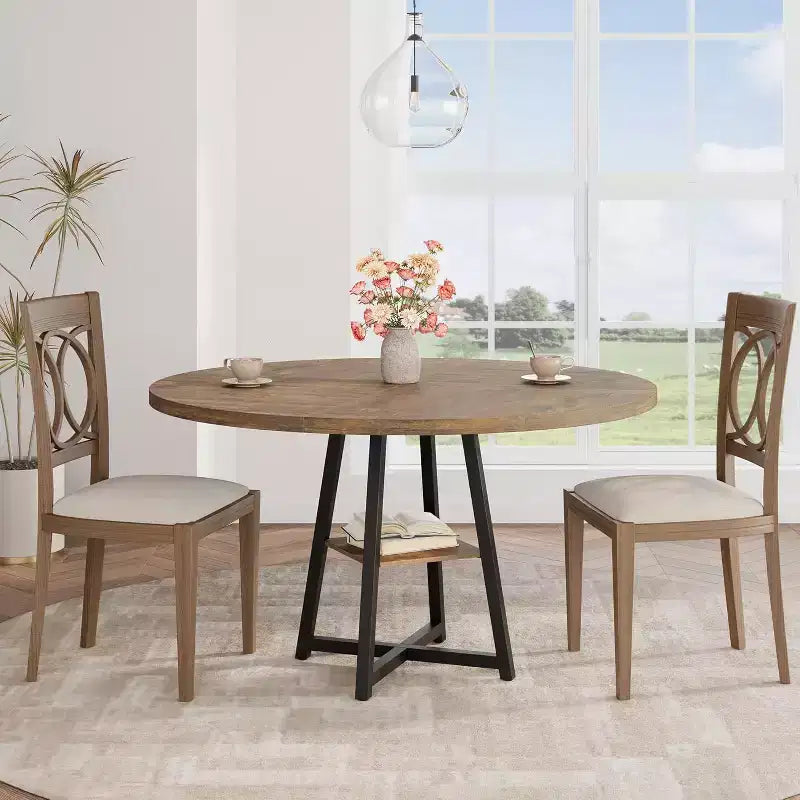 Table à manger ronde de 47 pouces avec étagère de rangement et plateau en bois, table à dîner pour 4 personnes, table de ferme circulaire pour salle à manger/salon, cuisine